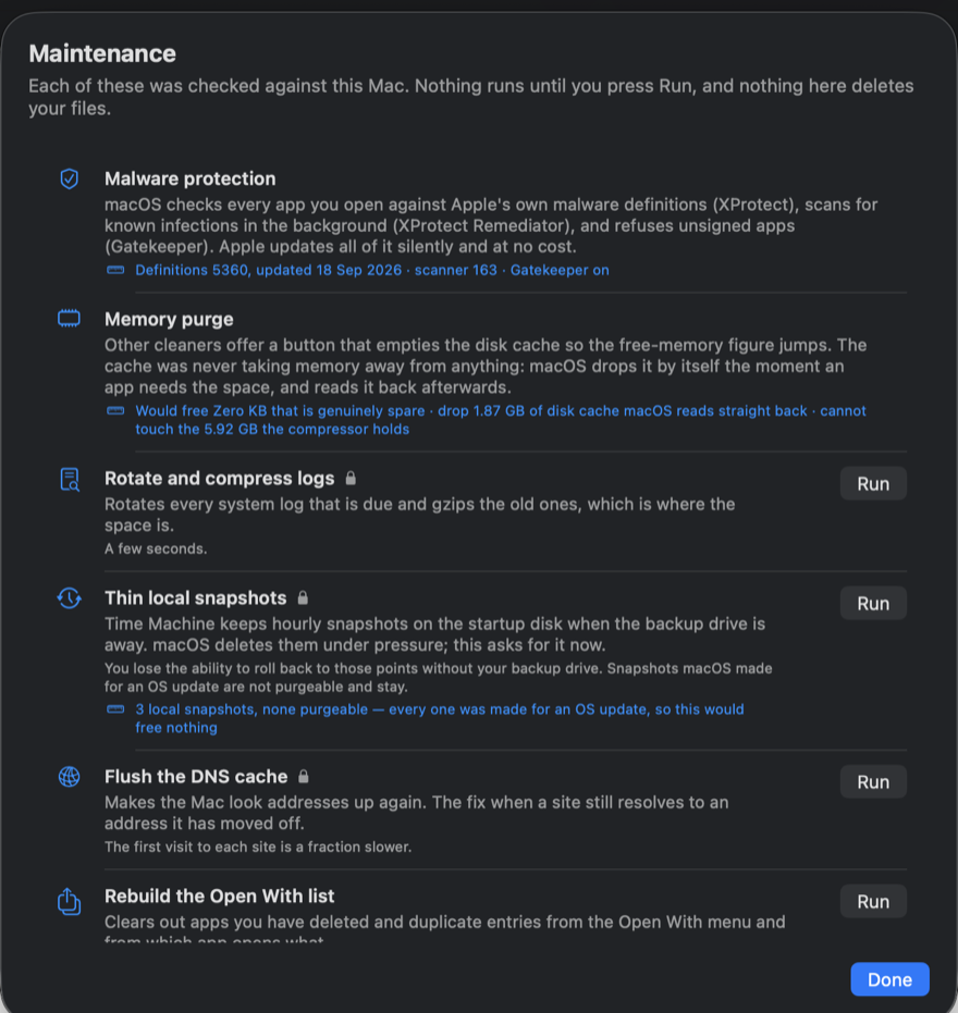 The maintenance screen: malware protection and memory purge shown as measured status rows with no Run button, then rotate and compress logs, thin local snapshots, flush the DNS cache and rebuild the Open With list, each with a Run button and a note on what it costs.