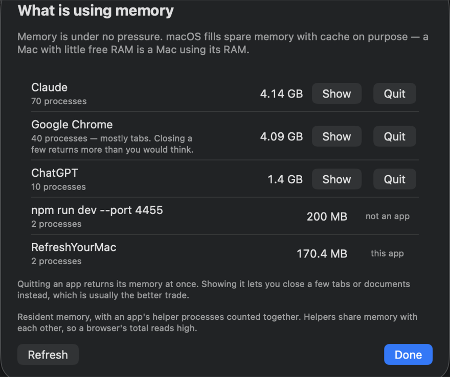 The memory sheet: Claude at 3.76 GB across 72 processes, Google Chrome at 2.22 GB across 37 processes described as mostly tabs, each with Show and Quit buttons, and a dev server listed as not an app.